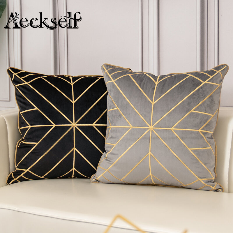 Aeckself-funda de cojín de terciopelo con bordado geométrico de lujo, decoración del hogar, azul marino, dorado, gris, negro, blanco