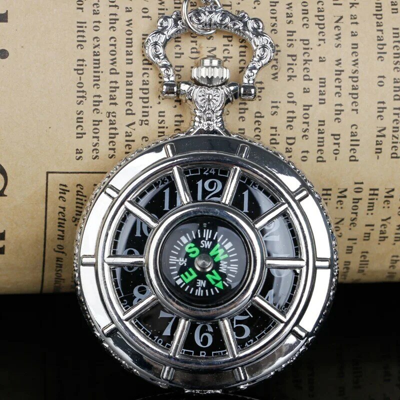 정교한 나침반 디자인 빈티지 할로우 스켈레톤 실버 포켓 시계, 블랙 별이 빛나는 라운드 다이얼, 앤티크 펜던트 시계, 레트로 선물