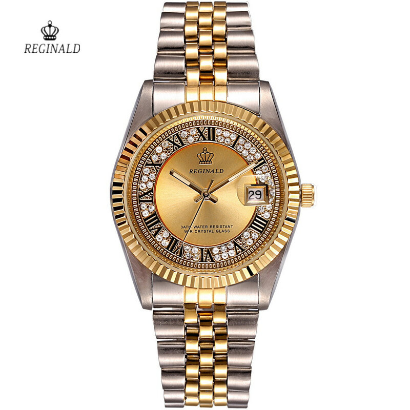 REGINALD Luxo Golden Man Watch Data Estilos De Cristal dos homens Vestido Relógio À Prova De Água Negócios Full Stainless Steel Relógios De Pulso