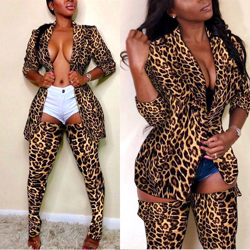 Conjunto de 2 piezas con estampado de leopardo para mujer, traje sexy de manga larga, abrigo y medias, conjuntos a juego, ropa sexy para discoteca