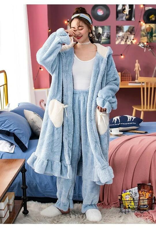 Autumn Winter Women Pajamas Set Thick Flannel Warm Female Pajama Set Cartoon Animal Long Sleeve Full Trousers Sleepwear cute