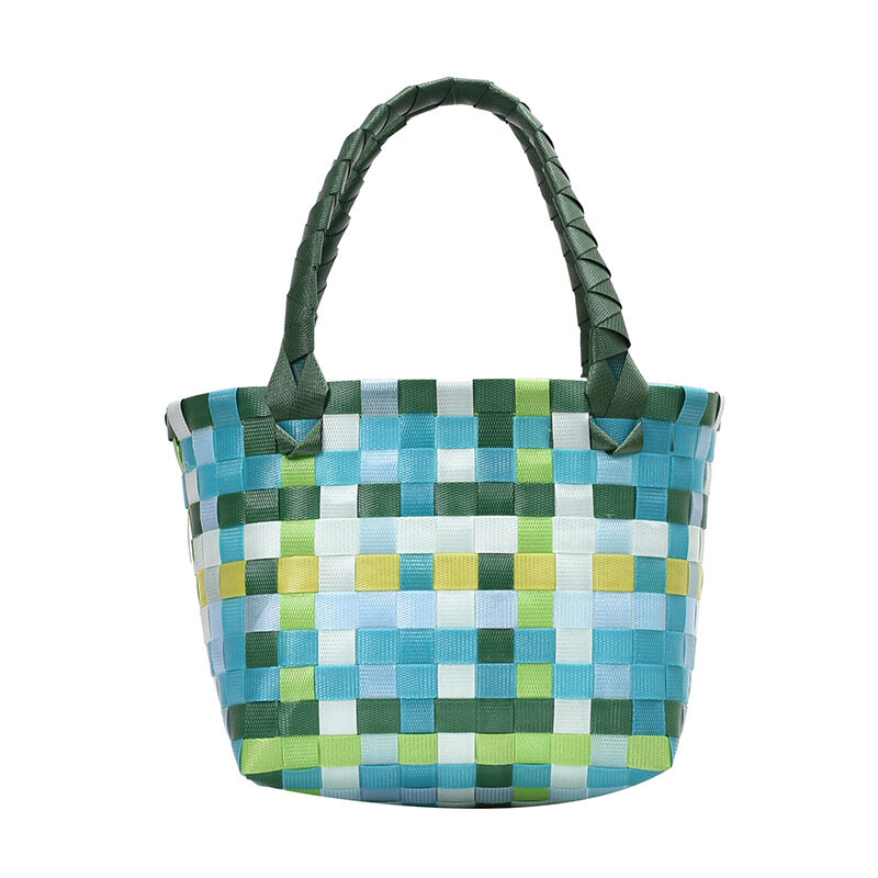 Saco de cesta de vegetais de cor de verão, piquenique verde, retro francês tecido à mão, saco de mão bonito, mini cesta