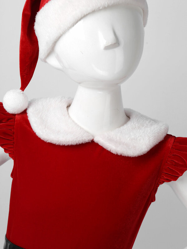 Vestidos de Santa Claus para niñas pequeñas, ropa de fiesta de invierno, de terciopelo, con mangas voladoras, cintura alta con cinturón, sombrero