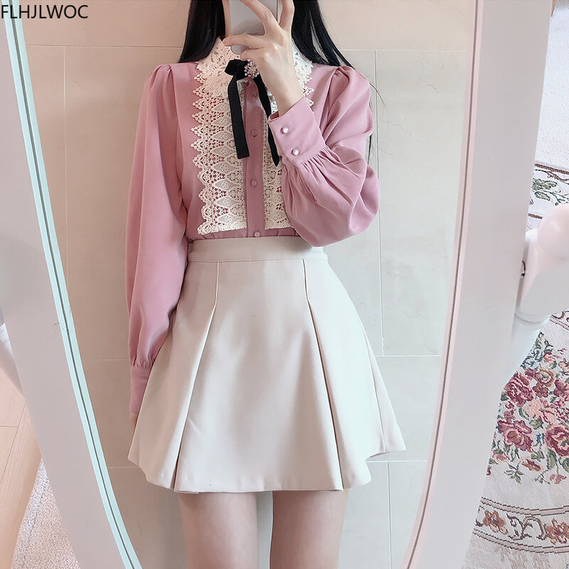 Блузка женская кружевная однобортная на пуговицах, базовая Милая винтажная рубашка с бантом, офисная одежда для работы, белая розовая