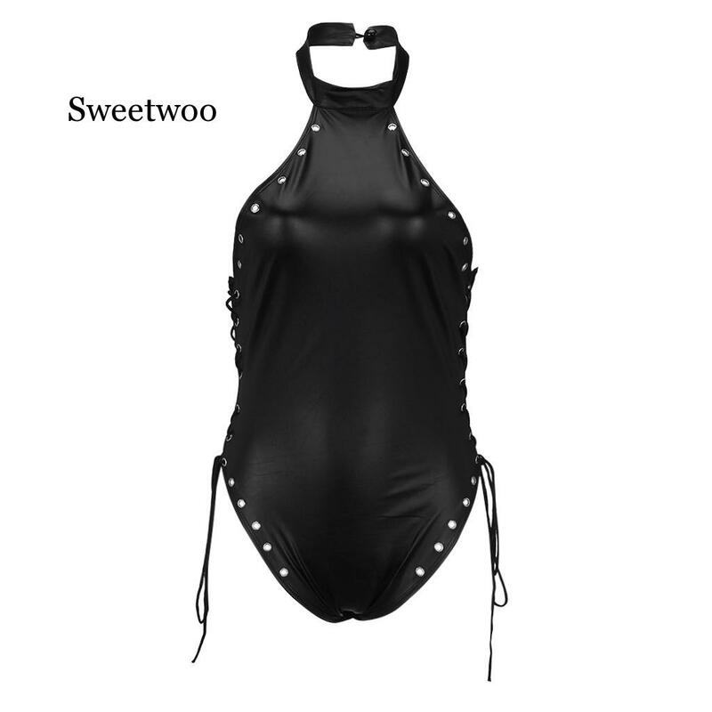 SWEETWOO ファッション女性レオタードボディレースアップトップ Pu レザーノースリーブホルターネック包帯ジャンプスーツボディスーツ
