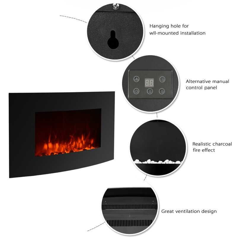 Wall Mount Electric Fireplace 3D Fire Electric Heater with Remote Control Adjustable Heat Setting 1800W