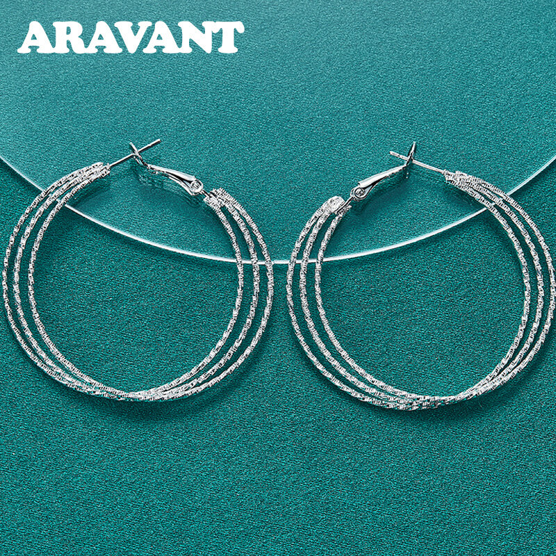 Aravant-Multi Line Round Circle Hoop Brinco para Mulheres, Presente Jóias da Moda, Prata 925, 50mm