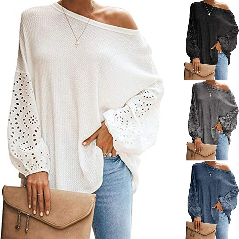 Women Autumn Winter Knitting Pullovers Tops Patchwork Lace Long Sleeve O Neck Casual Fashion Loose Lady Street Sweater