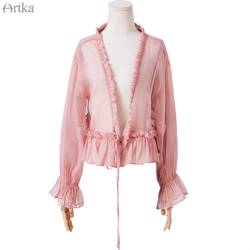 ARTKA-Blusa holgada de gasa con volantes para verano, camisa elegante con Rebeca ostentosa para mujer, blusa de punto abierto, WA20002X, 2020