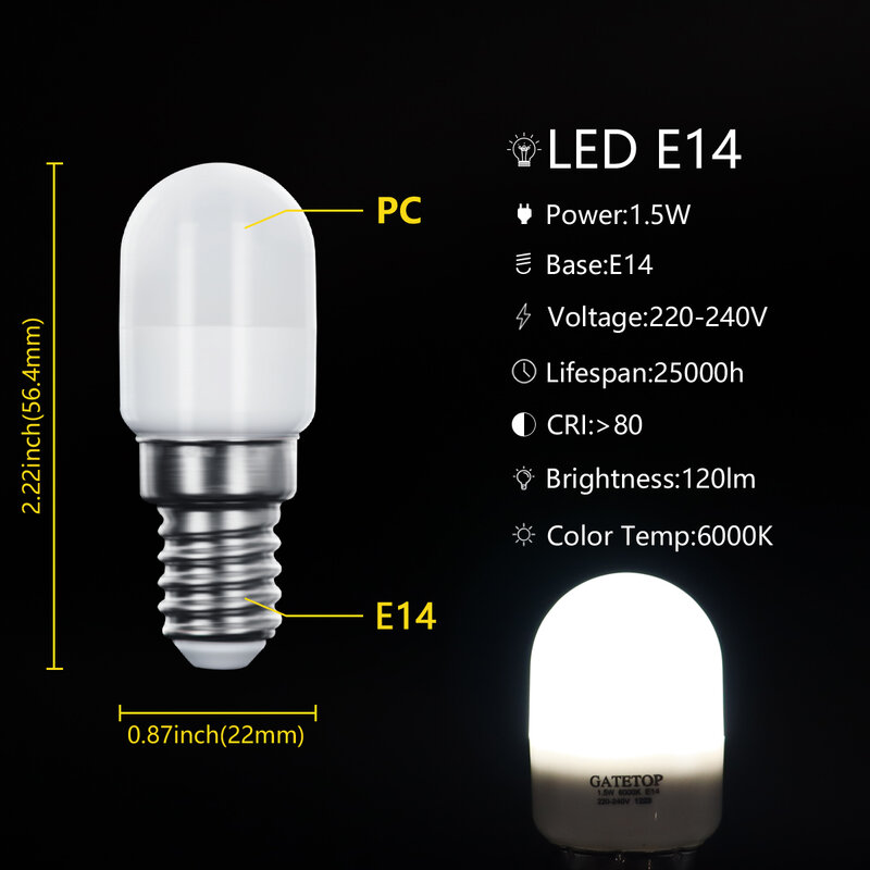Светодиодная мини-лампа для холодильника, E14, 1,5 Вт, 2835 В переменного тока, 3000K-6000K