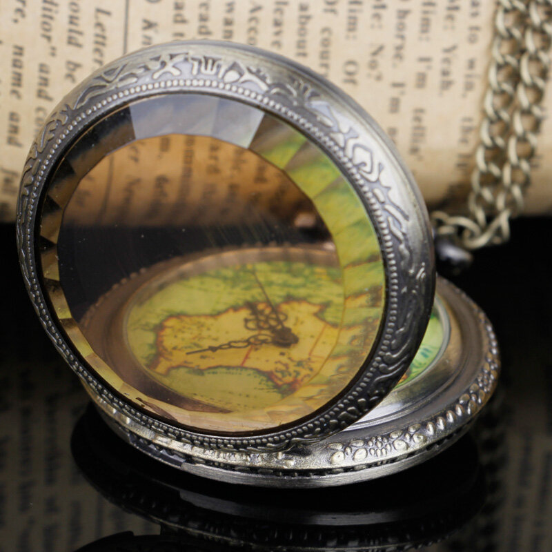 Vintage Map Quartz Pocket Watch Chain Pendant Necklace reloj de bolsillo Men Fob Watch Gift CF1059