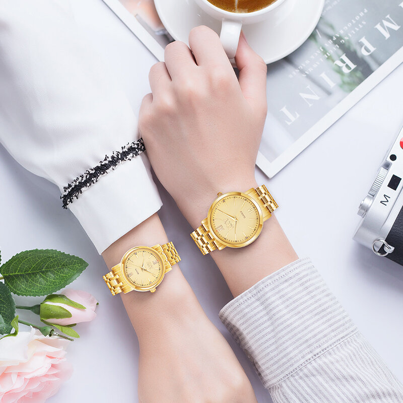 Novo relógio feminino dourado 2021, relógio de pulso de quartzo à prova d'água em aço inoxidável, moda masculina e feminina