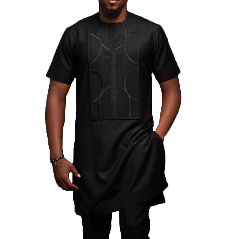 Fashion Pria Kaus Lengan Pendek Dashiki Baju Muslim Jubba Thobe Islamic Atasan Kaus Hitam Kasual Blus Pria Baju Afrika