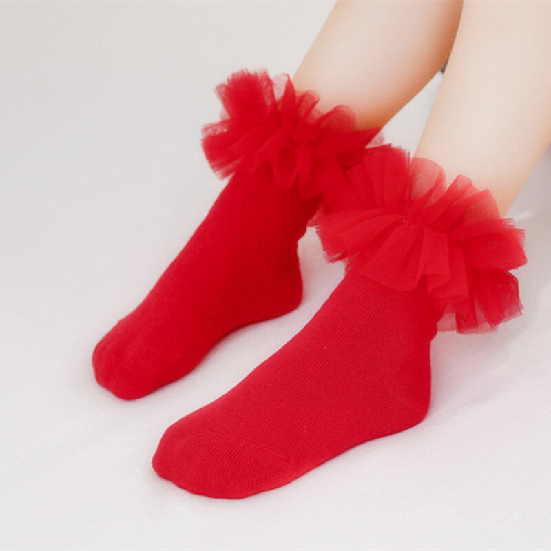 Calzini da bambina in pizzo con volant calzini per bambini calzini da principessa in morbido cotone a maglie gonfie fiore rosso bianco tubo calzini per bambini Calcetines