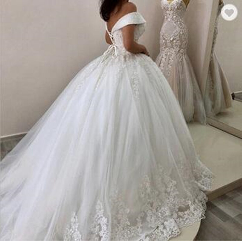 Luxe Bridal Tulle Baljurk Trouwjurk Crystal Kralen Off Shoulder Kant Applicaties Plus Size Lace-Up Mariage Formele jurken