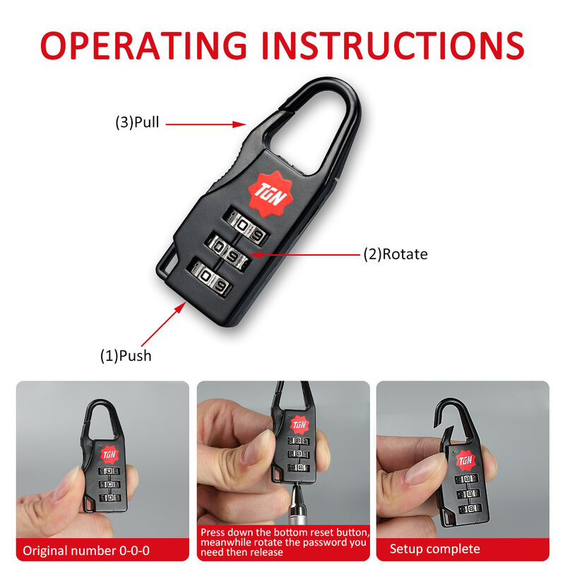 Tigernu-Small Combination Code Lock para Bagagem, Cadeado Número Preto, Code Lock, Adequado para Zipper Bag, Mochila, Travel Bag