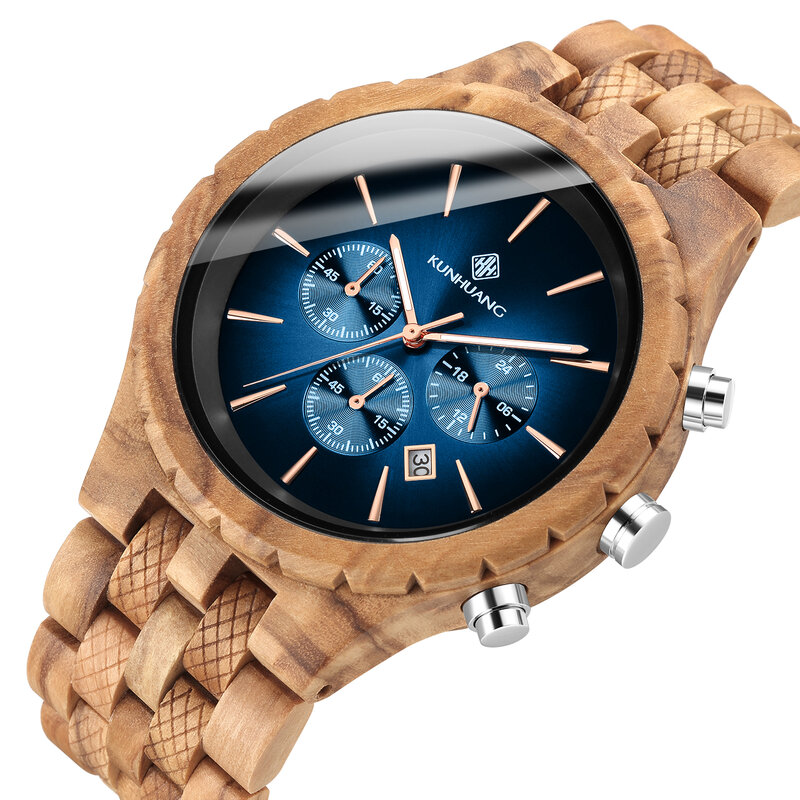 Деревянные часы Kunhuang, мужские многофункциональные модные часы, хронограф, простые часы из чистого дерева, Военные Спортивные кварцевые наручные часы