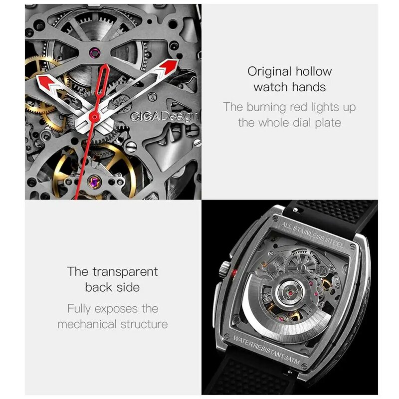 Ciga design de topo design ciga relógio mecânico série z relógio barril tipo duplo-face oco automático relógio mecânico masculino