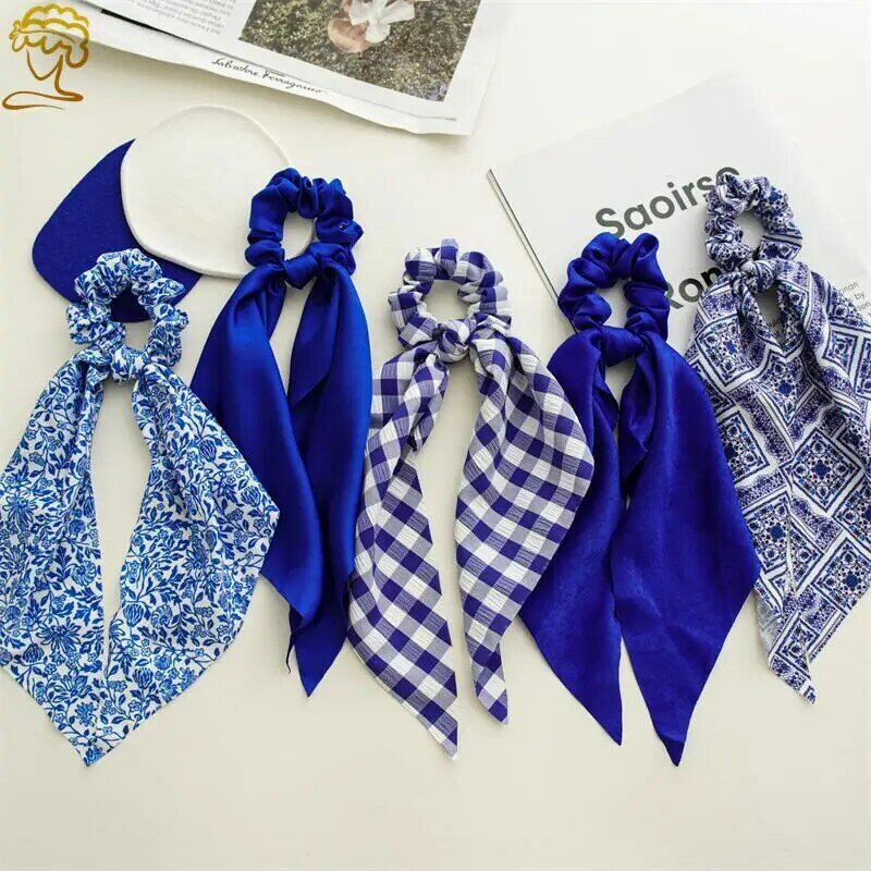 Mode Retro Blau Bogen Scrunchies Haar Band für Frauen Pferdeschwanz Schal Süße Elastische Haarband Mädchen Haar Krawatten Haar Zubehör