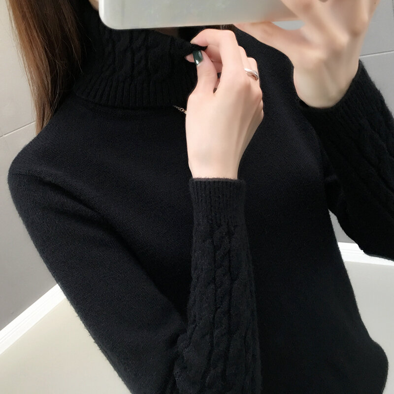 Sweater kerah tinggi wanita, Turtleneck pullover Sweater musim gugur musim dingin 2023 lengan panjang tebal hangat wanita Khaki