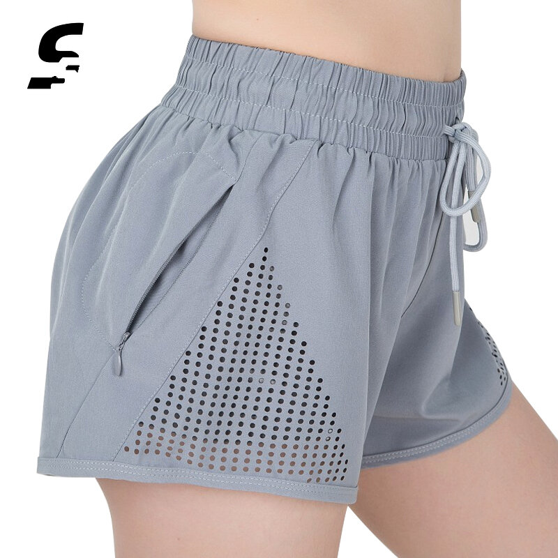 running shorts women 2 in 1 Spandex Workout fitness Shorts Women Elastic Waist Sports Pocket Pants with Zipper yoga gym pants