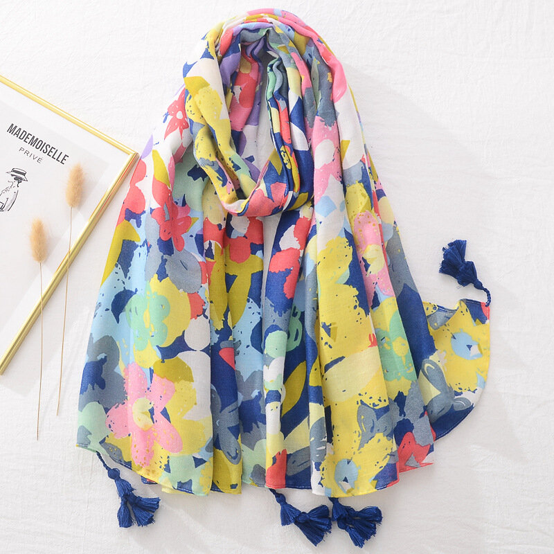Модный роскошный фирменный женский шарф, шаль с кисточками и абстрактным цветочным принтом в Испании, Женский хиджаб из пашмины и вискозы, палантин на весну и осень