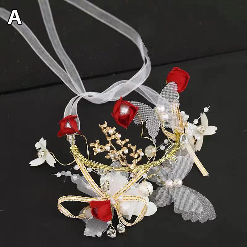 Ślubne kryształowe perły wstążka kwiat na nadgarstek ręcznie zrobiony kwiatek bransoletka motyl dziewczynek akcesoria ślubne druhny