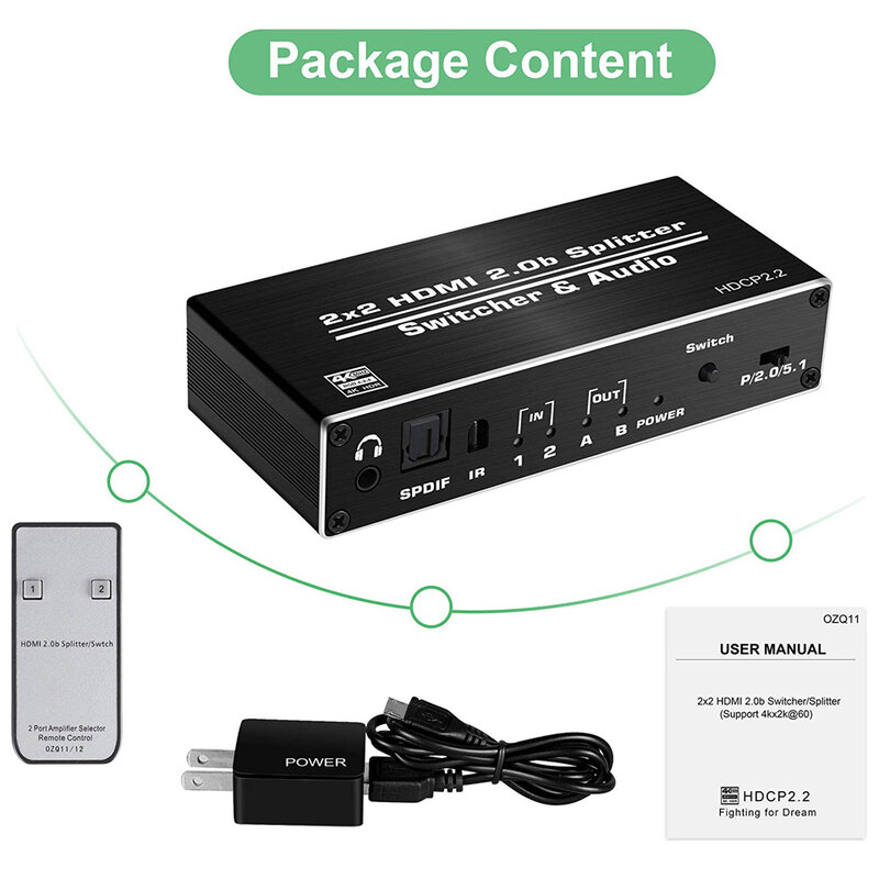 Interruptor 2020 4K HDMI 2,0 2 en 2 4K @ 60hz, divisor de conmutador HDMI 2x2 con Extractor de Audio óptico Toslink SPDIF y Jack de 3,5mm