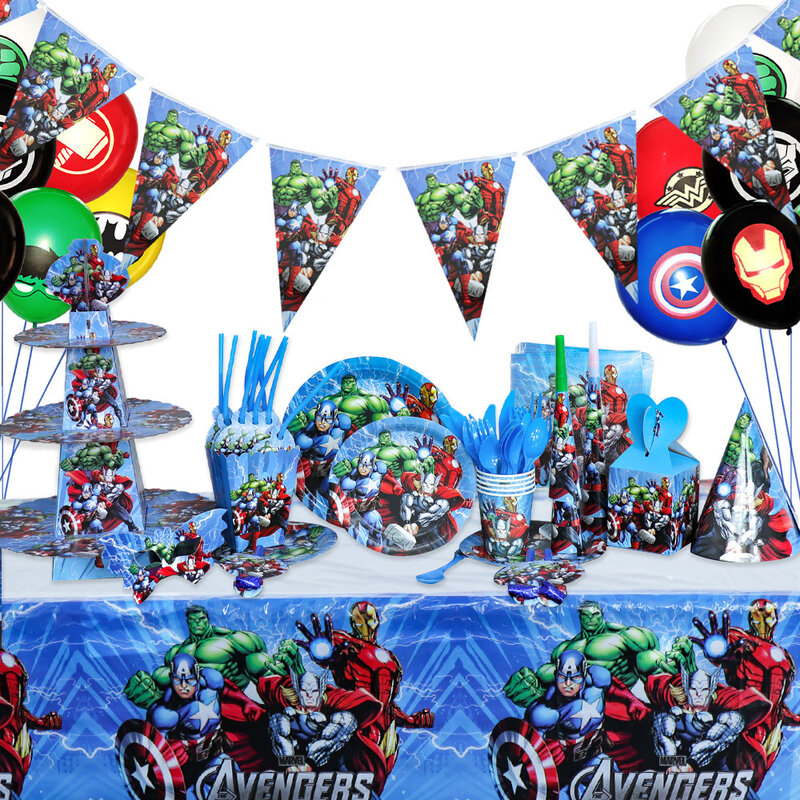 Suministros de fiesta de superhéroes de Los Vengadores, decoraciones de cumpleaños para niños, vajilla desechable, mantel, juego de favores temáticos para niños