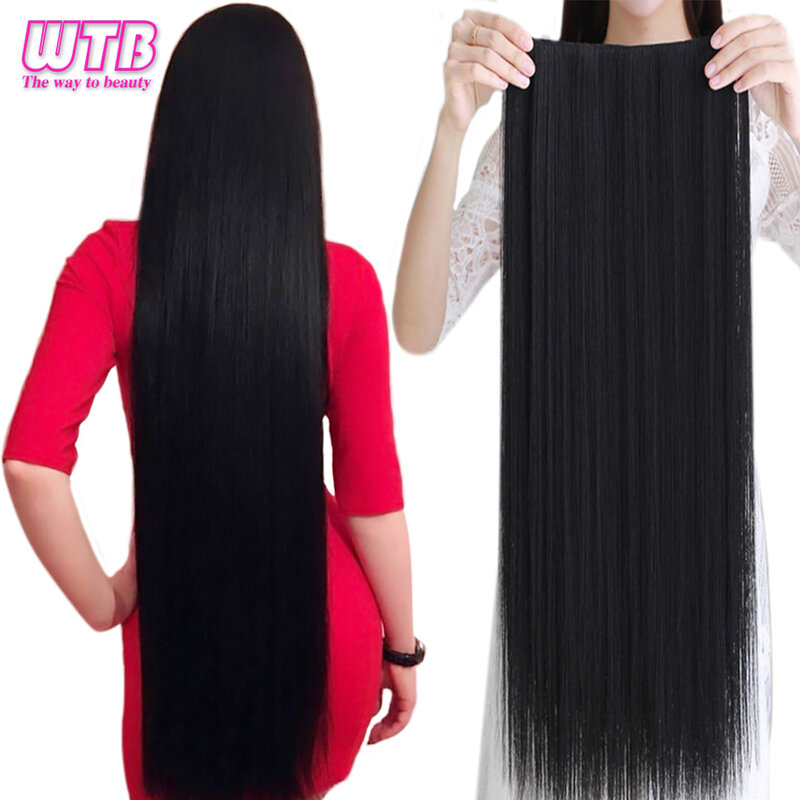 WTB – Extension de cheveux synthétiques à 5 clips, postiche longue lisse noire résistante à la chaleur, faux cheveux naturels pour femmes, taille 5, 100cm
