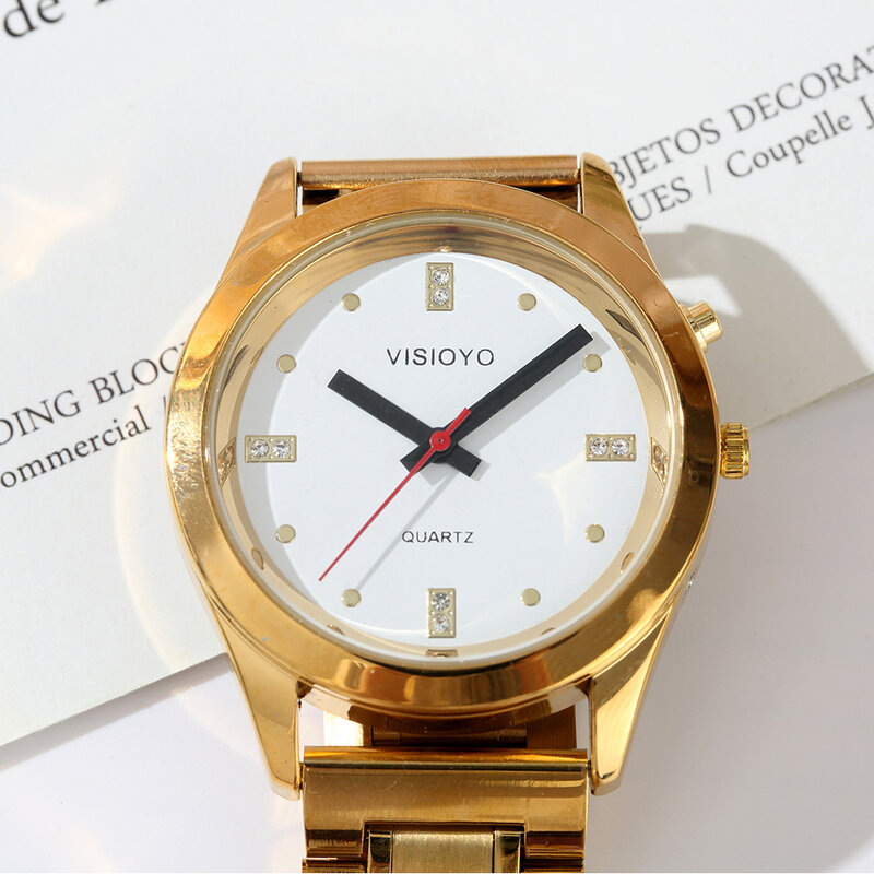 Reloj parlante francés con función de alarma, fecha y hora que habla, esfera blanca, cierre plegable, etiqueta de caja dorada-404