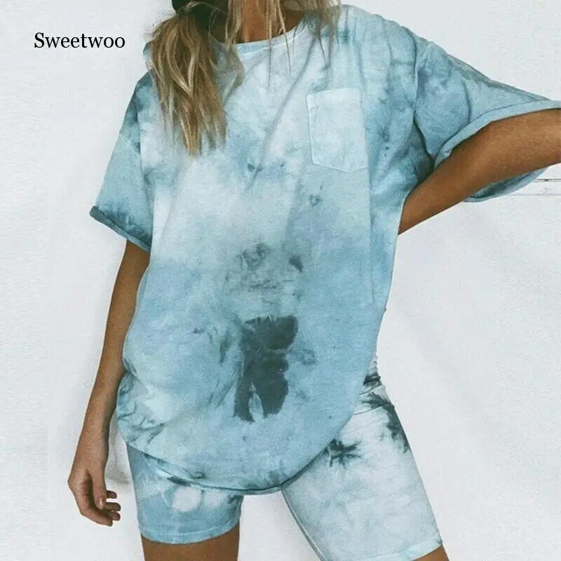 Tie Dye Women Sets Short Sleeve Top Shirt Loose And Mini Biker Shorts Casual Outfits 2020 Two Piece Sets