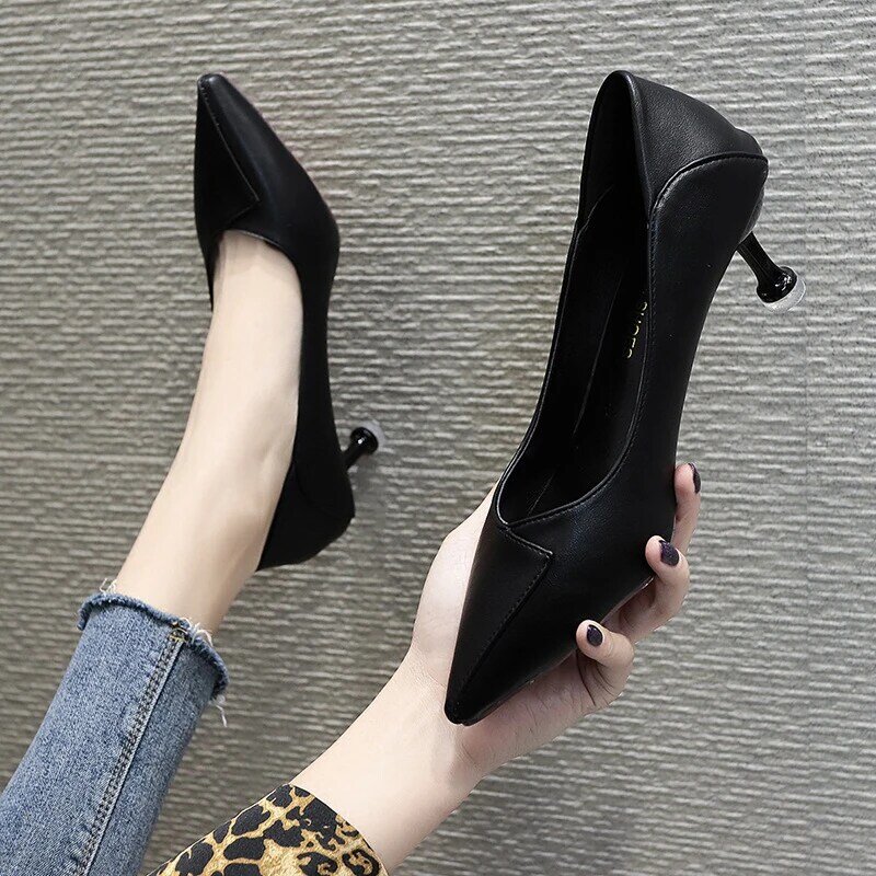 Women's Mid-Heel Pointed Leather High Heels,Ladies Simple Leather Work Shoes Fashion Casual Banquet Office Heel height 5cm