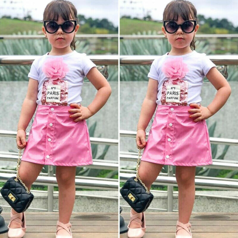 Summer Kids Baby Girl Clothes Sets 1-5Y Short Sleeve 3D Flower Tops Tee Leather A-Line Skirts Outfit Sunsuit