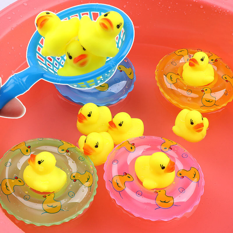 Juguetes de baño flotantes para niños, Mini anillos de natación, patos amarillos de goma, red de pesca, lavado, natación, juguetes para niños pequeños, diversión en el agua, 5 piezas por juego