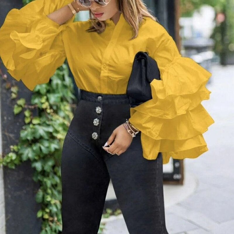 Ruffle Lengan Kemeja Tombol Lebih Tinggi Wanita Kuning Solid Semi Panjang Lengan Wanita Longgar Kantor Pakaian Kerja Wanita Kasual Blus 2021