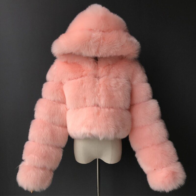 Damska zimowa puszysta futrzana bluza z długim rękawem z kapturem cała na zamek jednokolorowa krótka krótka kurtka luksusowa ciepła odzież wierzchnia S-2XL