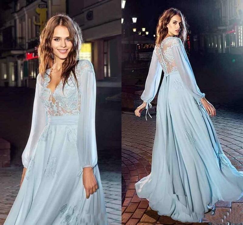 2020 Elegant Sky Blue Evening Dresses แขนยาวลูกไม้ชีฟอง V คอด้วยปุ่มกลับอย่างเป็นทางการชุดราตรี Vestidos De Noiva