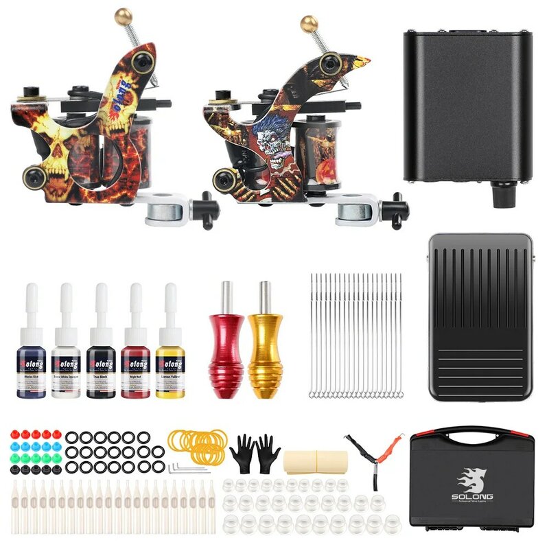 2 Coil Tattoo Machines for Liner and Shader KitS 5 Color Inks Power Supply Professional Tattoos Guns Set for Body Art TK215