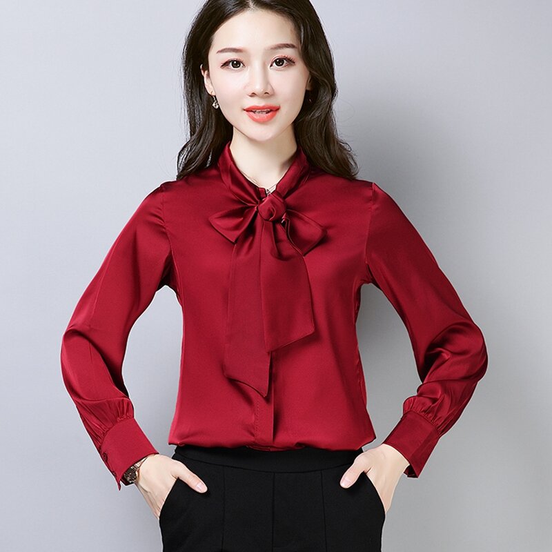 Camisa elegante de seda satinada con lazo para mujer, Blusa de manga larga Lisa para mujer, camisetas de trabajo para mujer, tops para mujer
