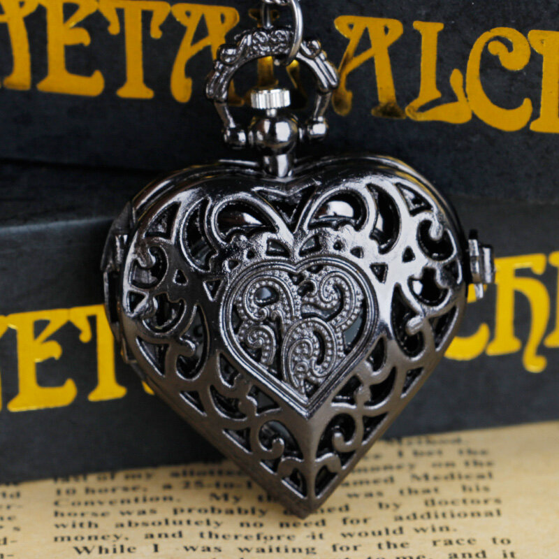 Relojes de bolsillo de cuarzo con forma de corazón tallado hueco negro con cadena Fob para regalo, envío directo
