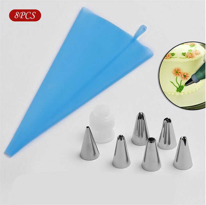 8pcs/set Silicone Pastry Bag Tips Icing Piping Nozzle Cream Reusable Pastry Bags +6Nozzle Fondant Molds Cake Decorating Tools