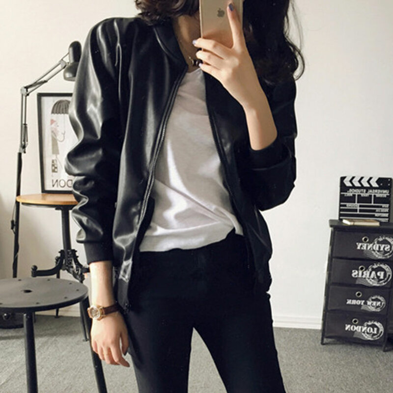 Jocoo Jolee-Jaqueta feminina solta de couro sintético PU, casaco com zíper coreano, jaqueta preta de motociclista moto, outwear extragrande, outono
