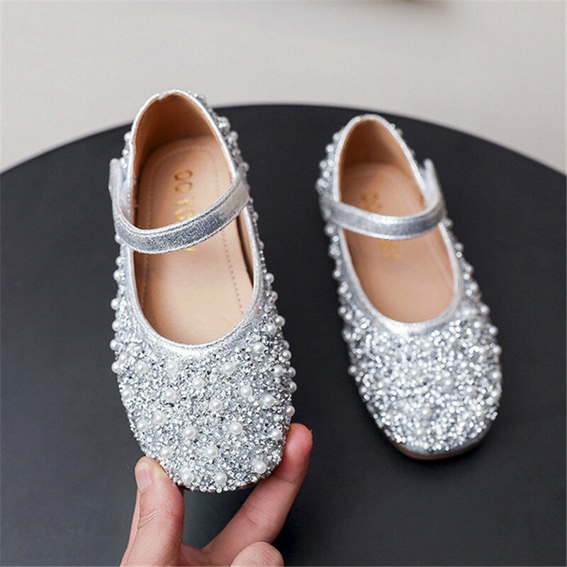 Primavera más nuevos zapatos de cuero para niñas niños Princesa para niñas zapatillas de diamantes de imitación perla lentejuelas planas zapatos de baile para chico
