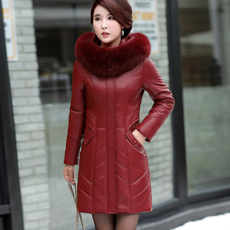 L-8XL Women Leather Coat Winter 2023 New Mother Jacket Thicken Warm Fur Collar Hooded Sheepskin Overcoat Loose Outerwear Female