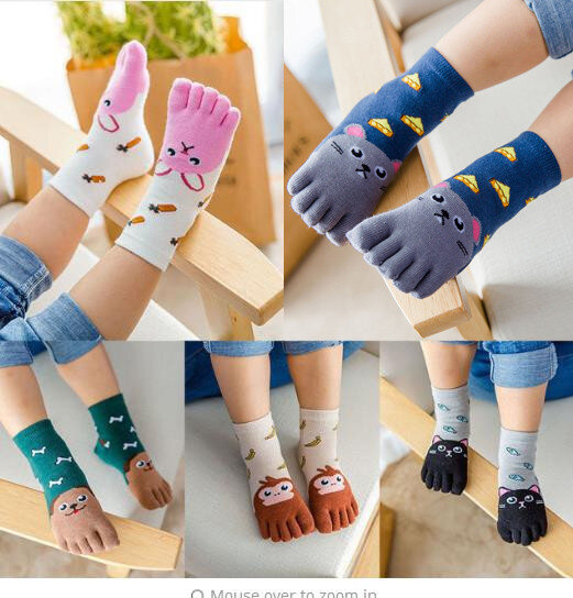 Calcetines de algodón para niños, calcetines de impresión para bebés, bebés, niñas, niños, animales de dibujos animados, cinco dedos, calcetines de algodón antideslizantes W916