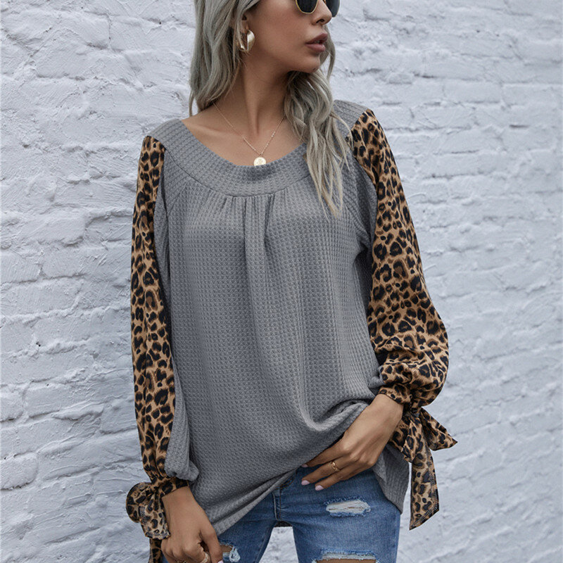 2021 Spring Autumn New Knitted Stitching Lace-Up Shirt Top Fashion Sexy V-Neck Long Sleeve Leopard Patchwork Women Shirt Blouse