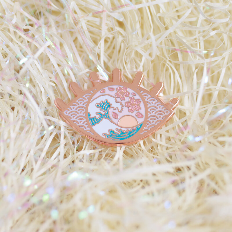 Beautiful Sunset Eye Hard Enamel Pin Cute Cartoon Great Wave Cherry Blossoms Rose Gold Brooch Fashion Lapel Backpack Pin Jewelry