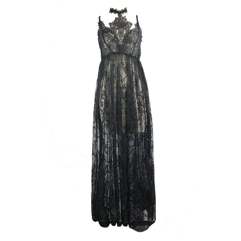 Women's Sexy Long Gown Dress Party Spaghetti Strap Long Dresses See-Through Lace Backless Nightwear