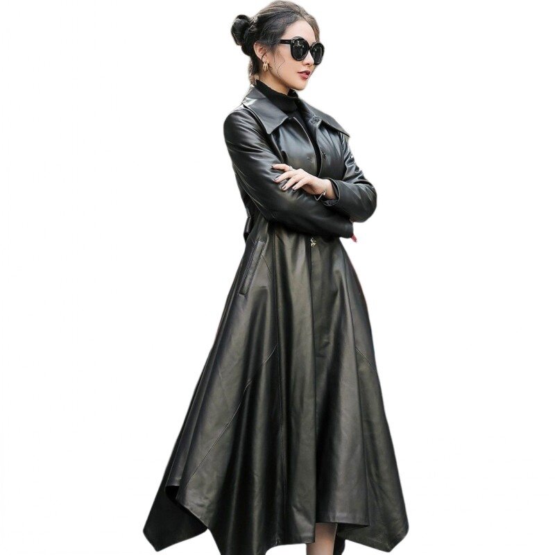 女性の冬のコート,長い非対称ウインドブレーカー,本革のオーバーコート,シープスキンジャケット